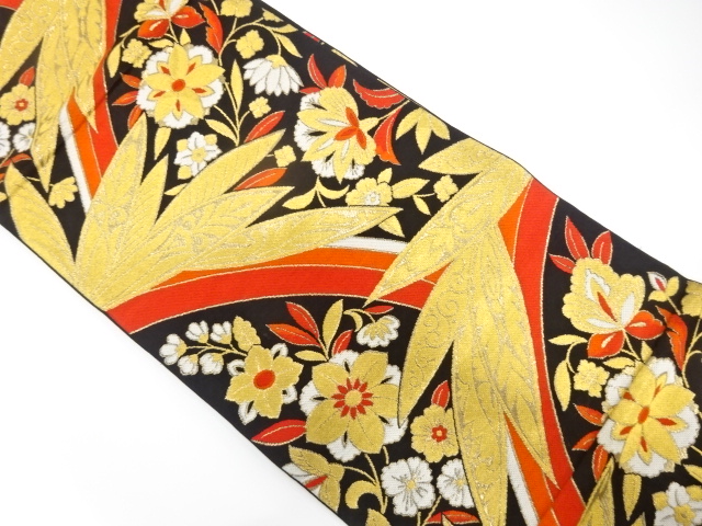 JAPANESE KIMONO / ANTIQUE FUKURO OBI / WOVEN FLORAL PLANTS